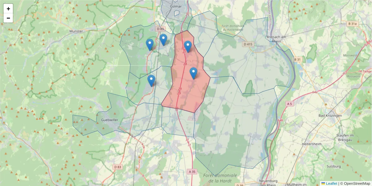 Carte de la zone du code postal  et des codes postaux voisins en France