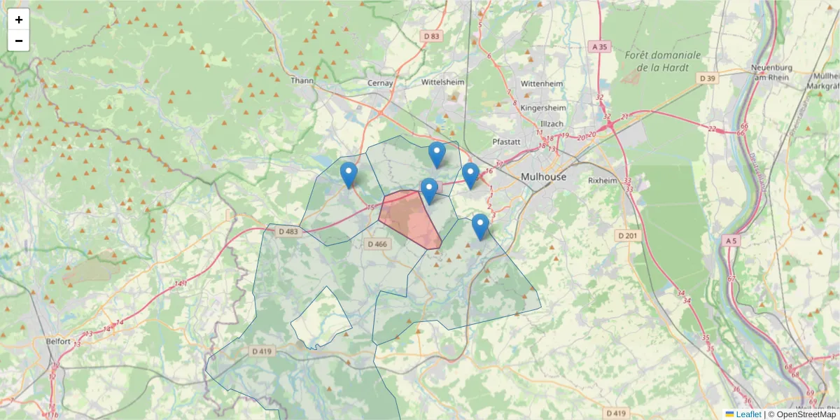 Carte de la zone du code postal  et des codes postaux voisins en France