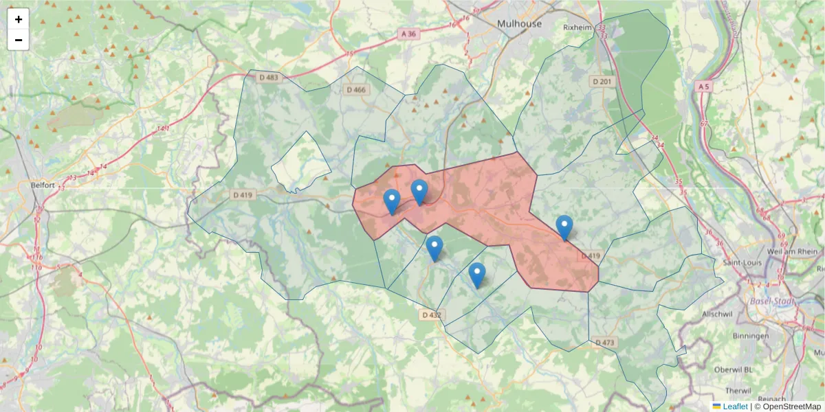 Carte de la zone du code postal  et des codes postaux voisins en France