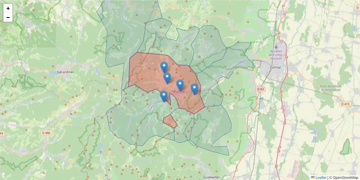 Carte de la zone du code postal  et des codes postaux voisins en France