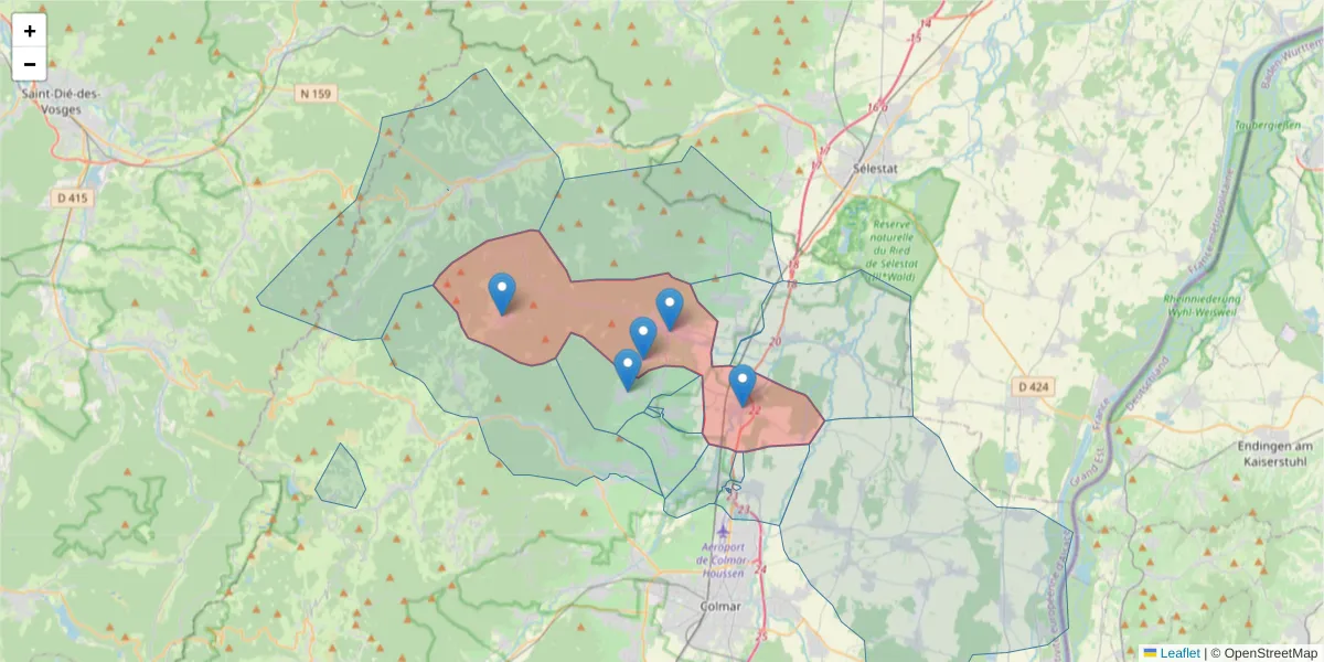 Carte de la zone du code postal  et des codes postaux voisins en France