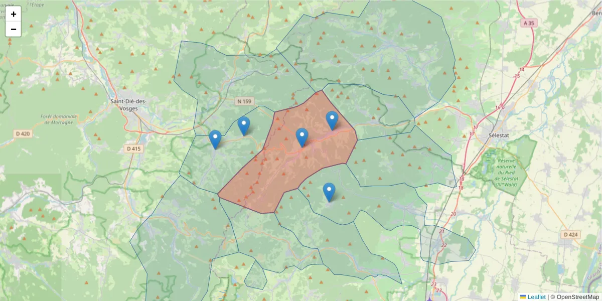 Carte de la zone du code postal  et des codes postaux voisins en France