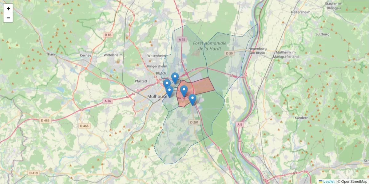 Carte de la zone du code postal  et des codes postaux voisins en France