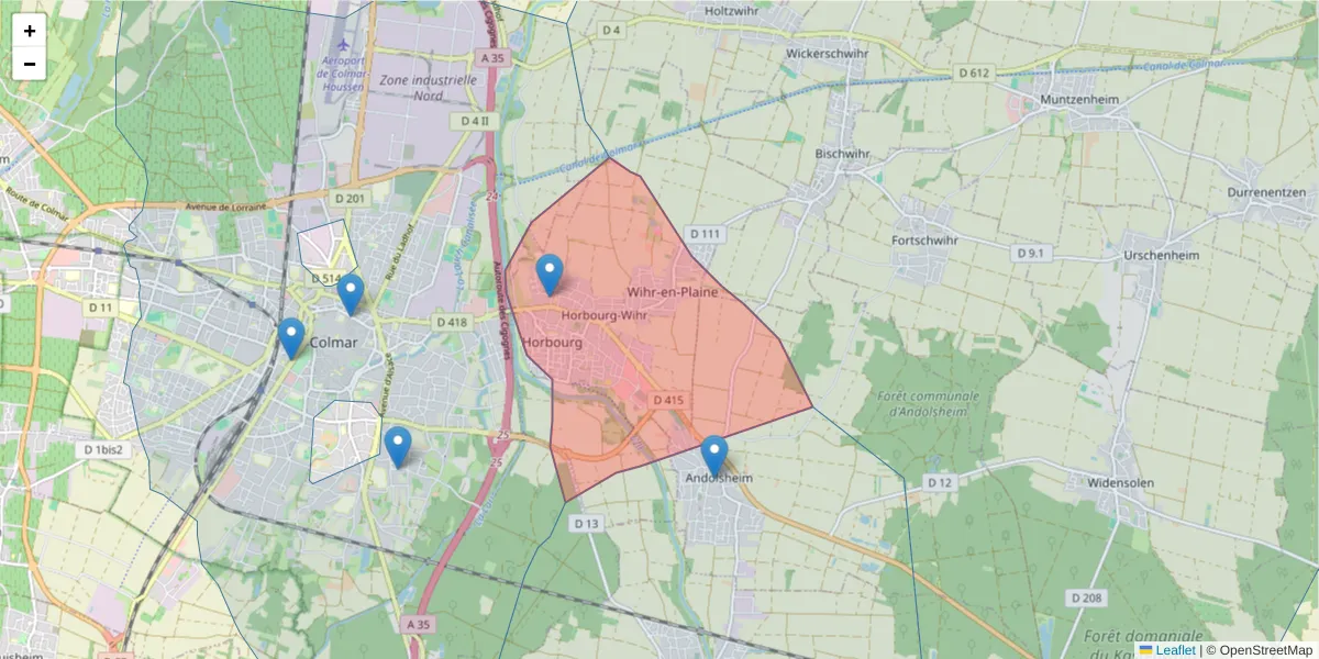 Carte de la zone du code postal  et des codes postaux voisins en France
