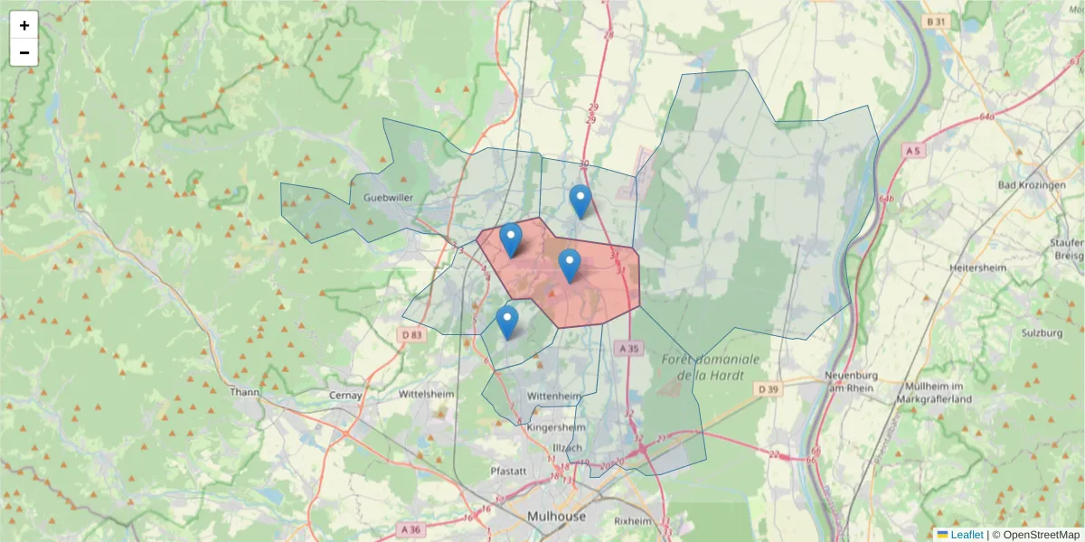 Carte de la zone du code postal  et des codes postaux voisins en France