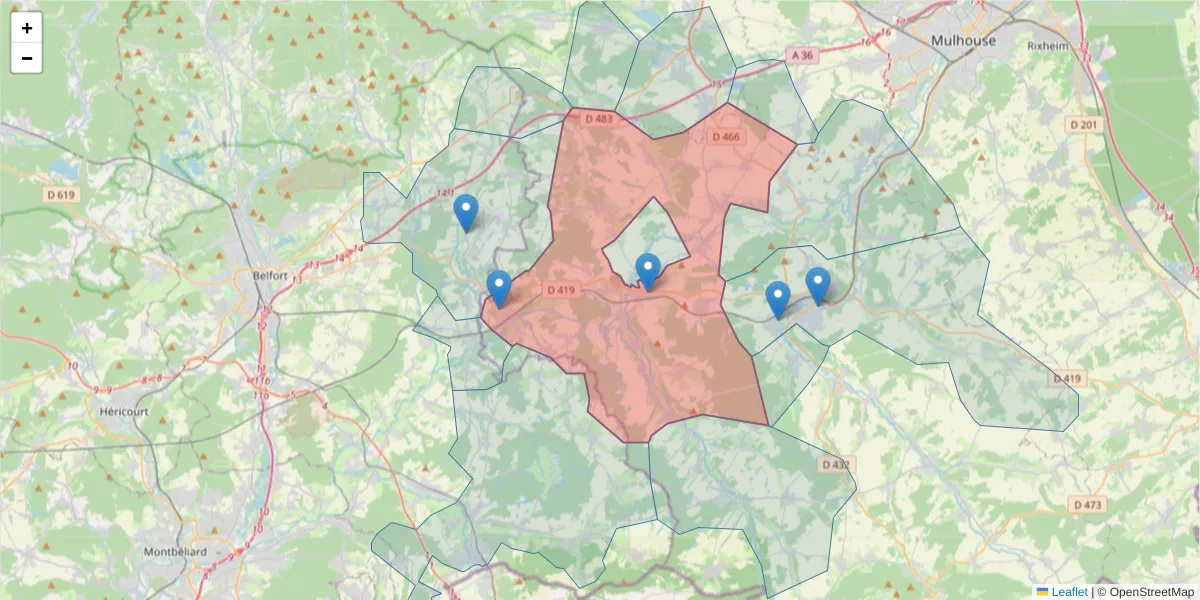 Carte de la zone du code postal  et des codes postaux voisins en France