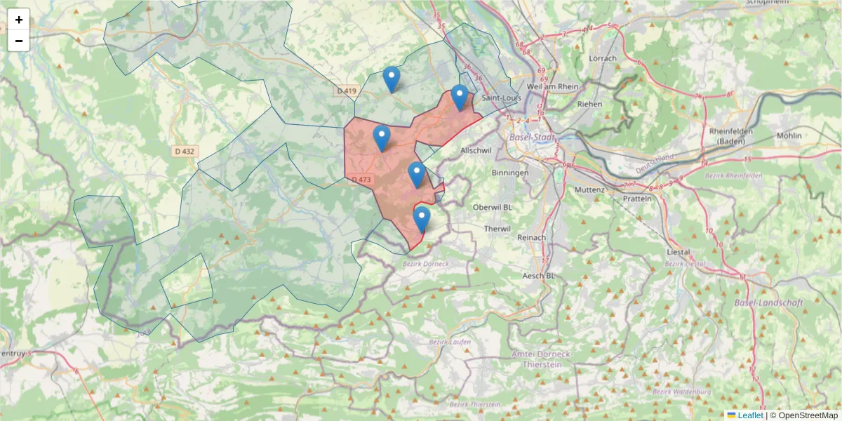 Carte de la zone du code postal  et des codes postaux voisins en France
