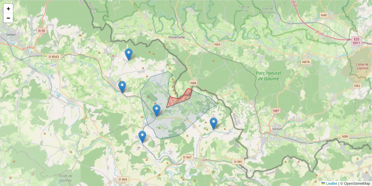 Carte de la zone du code postal  et des codes postaux voisins en France
