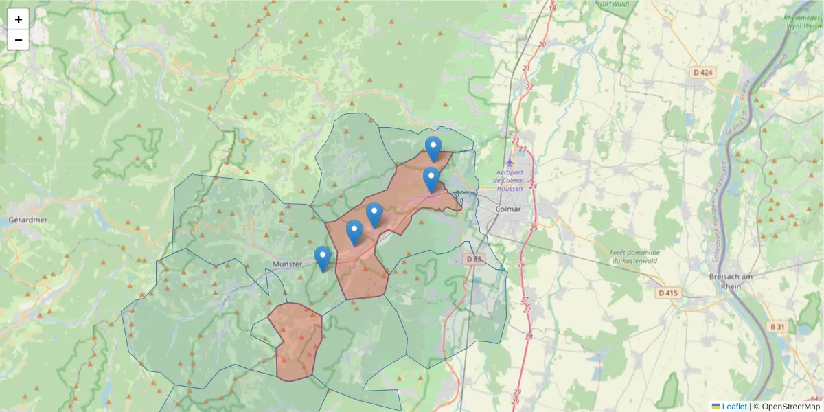 Carte de la zone du code postal  et des codes postaux voisins en France