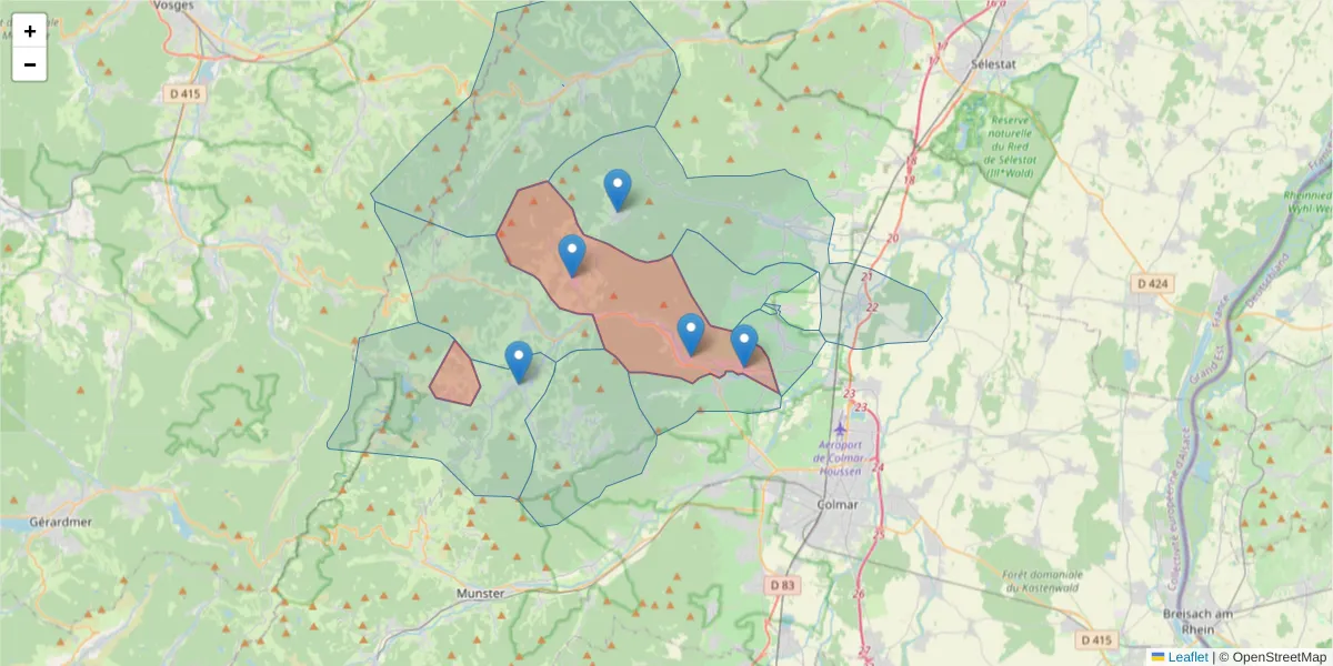 Carte de la zone du code postal  et des codes postaux voisins en France