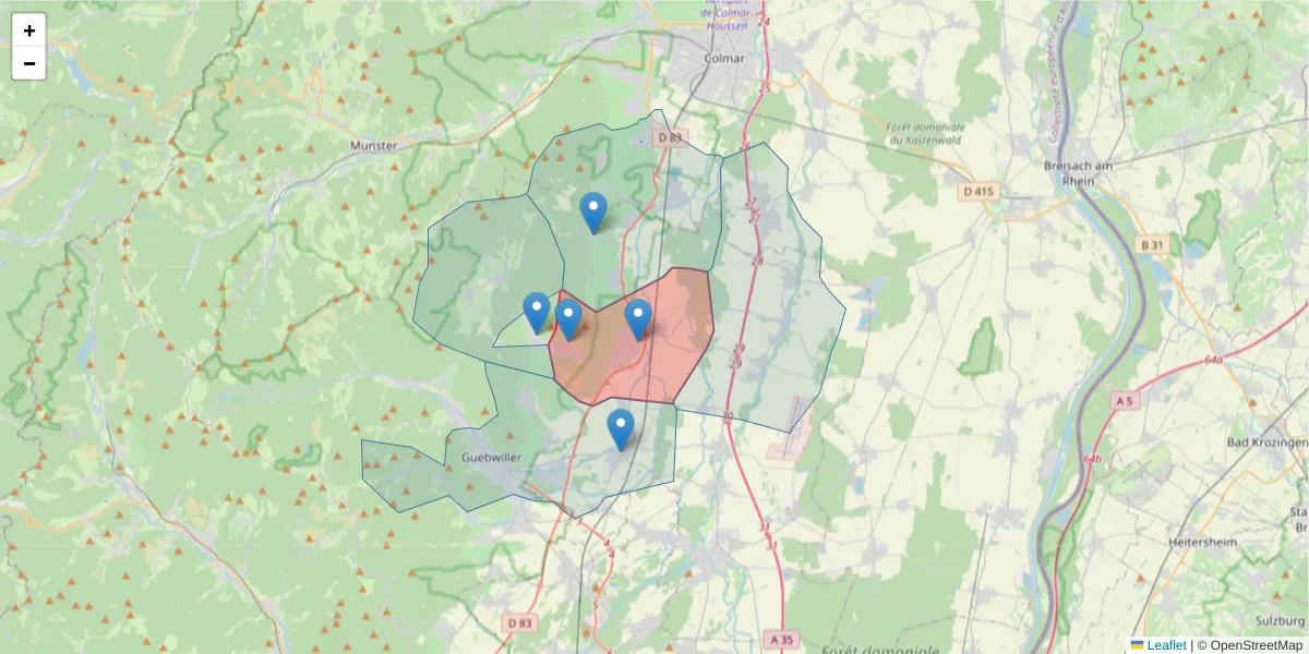 Carte de la zone du code postal  et des codes postaux voisins en France