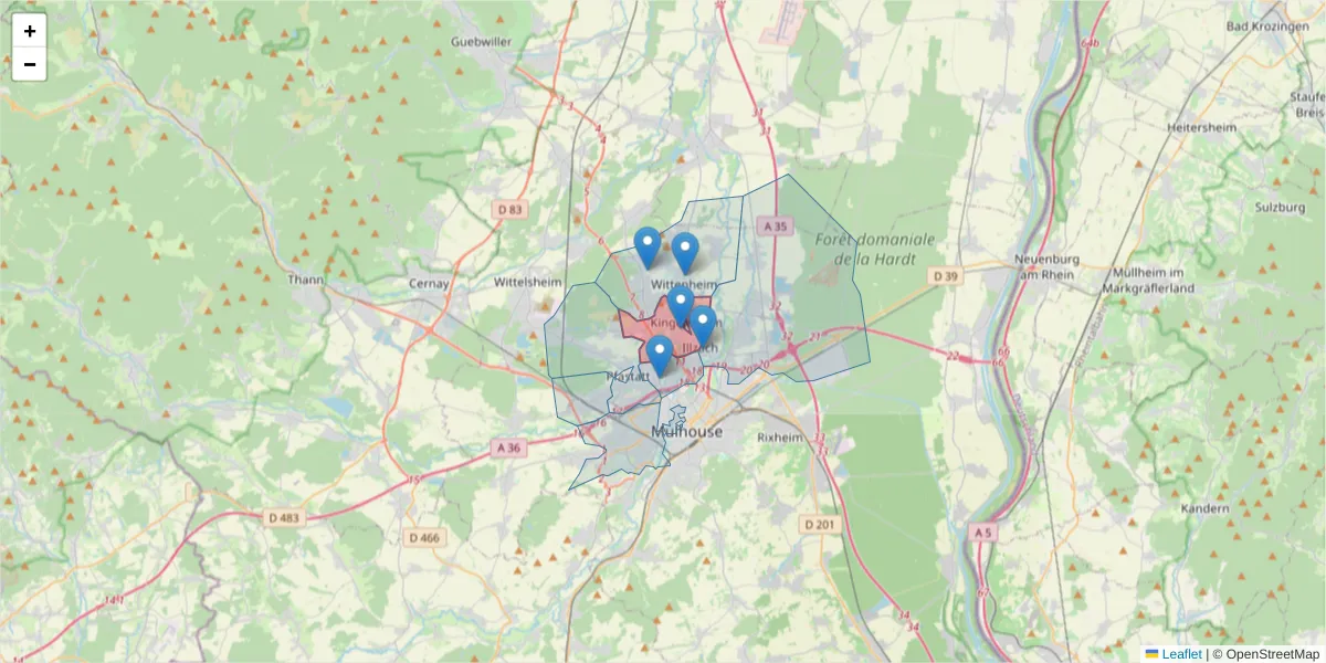 Carte de la zone du code postal  et des codes postaux voisins en France