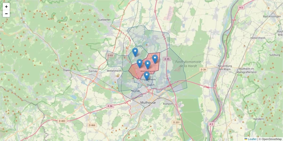 Carte de la zone du code postal  et des codes postaux voisins en France