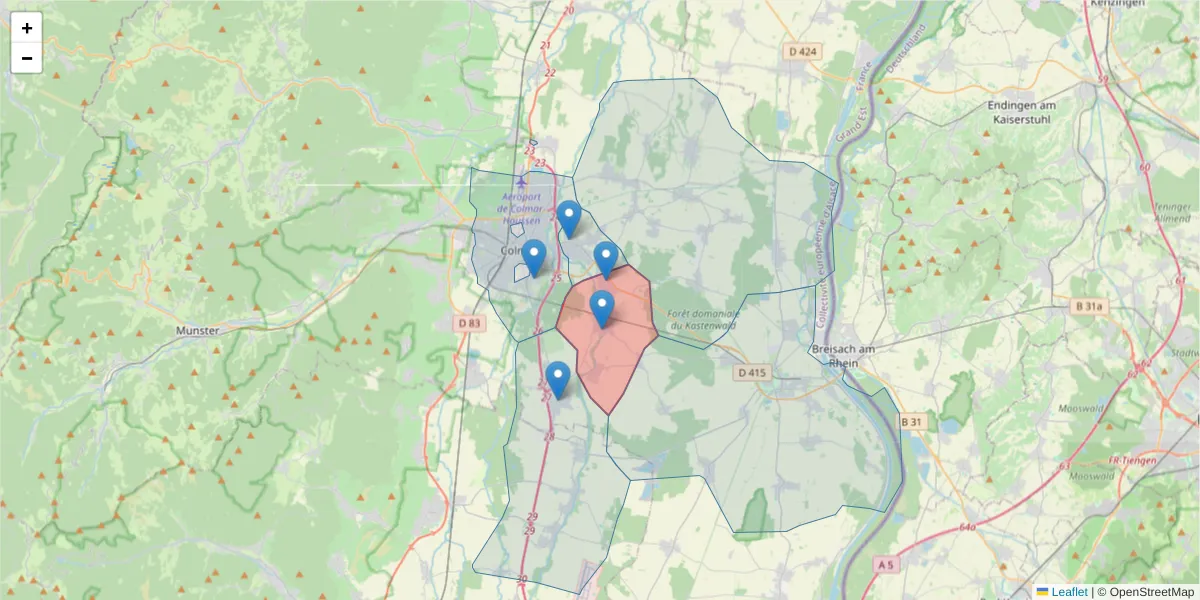 Carte de la zone du code postal  et des codes postaux voisins en France