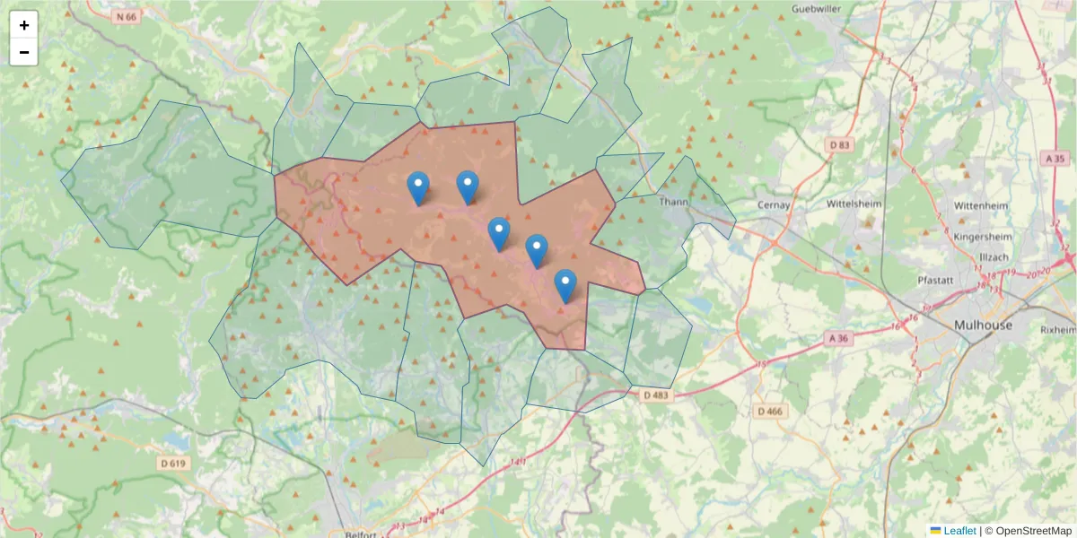 Carte de la zone du code postal  et des codes postaux voisins en France