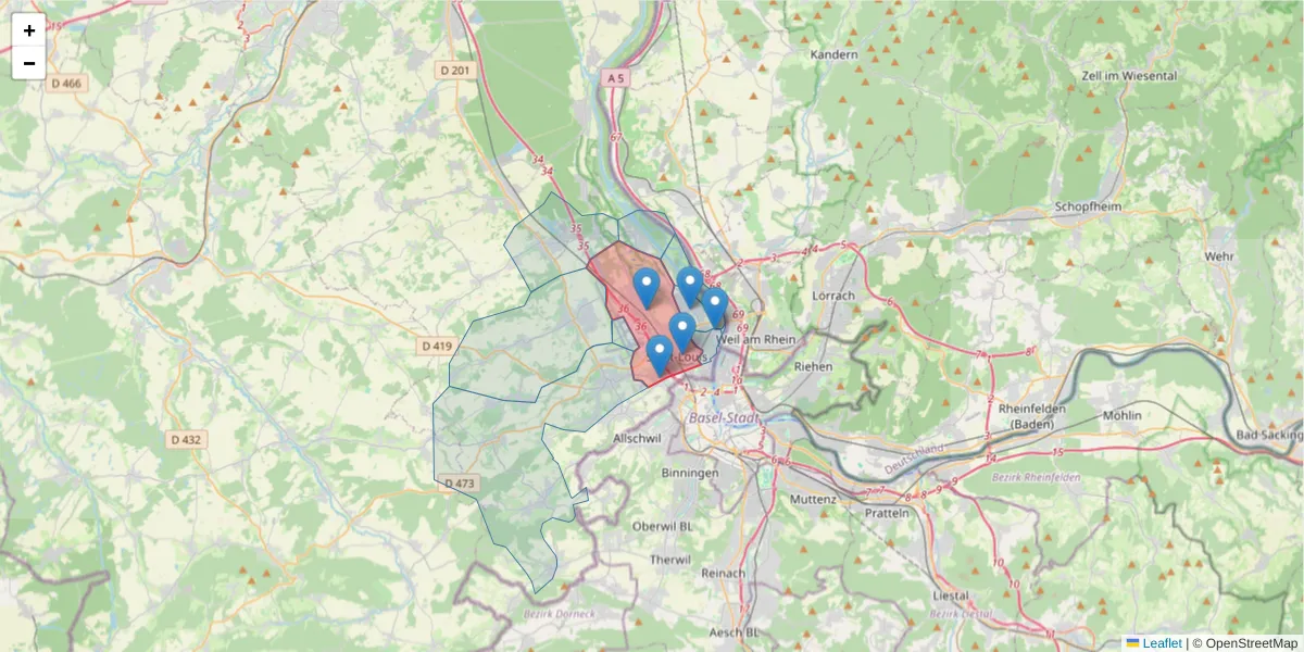 Carte de la zone du code postal  et des codes postaux voisins en France