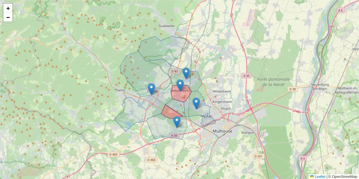 Carte de la zone du code postal  et des codes postaux voisins en France