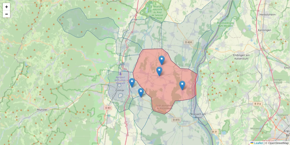 Carte de la zone du code postal  et des codes postaux voisins en France