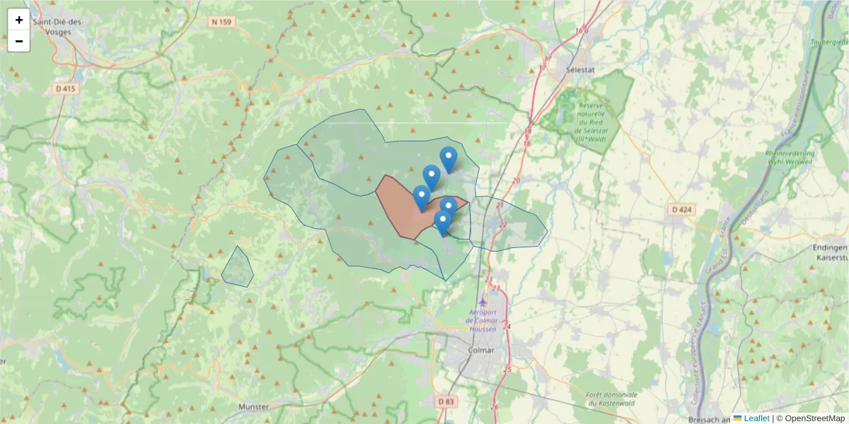 Carte de la zone du code postal  et des codes postaux voisins en France