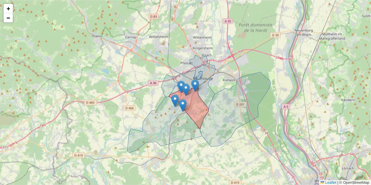 Carte de la zone du code postal  et des codes postaux voisins en France