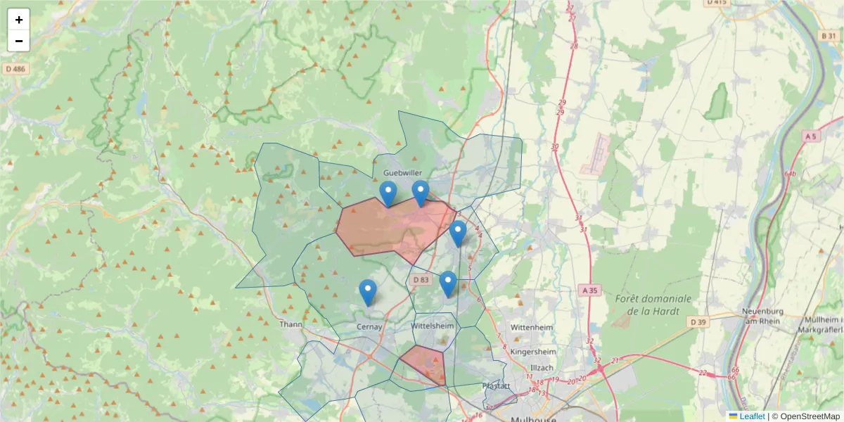 Carte de la zone du code postal  et des codes postaux voisins en France