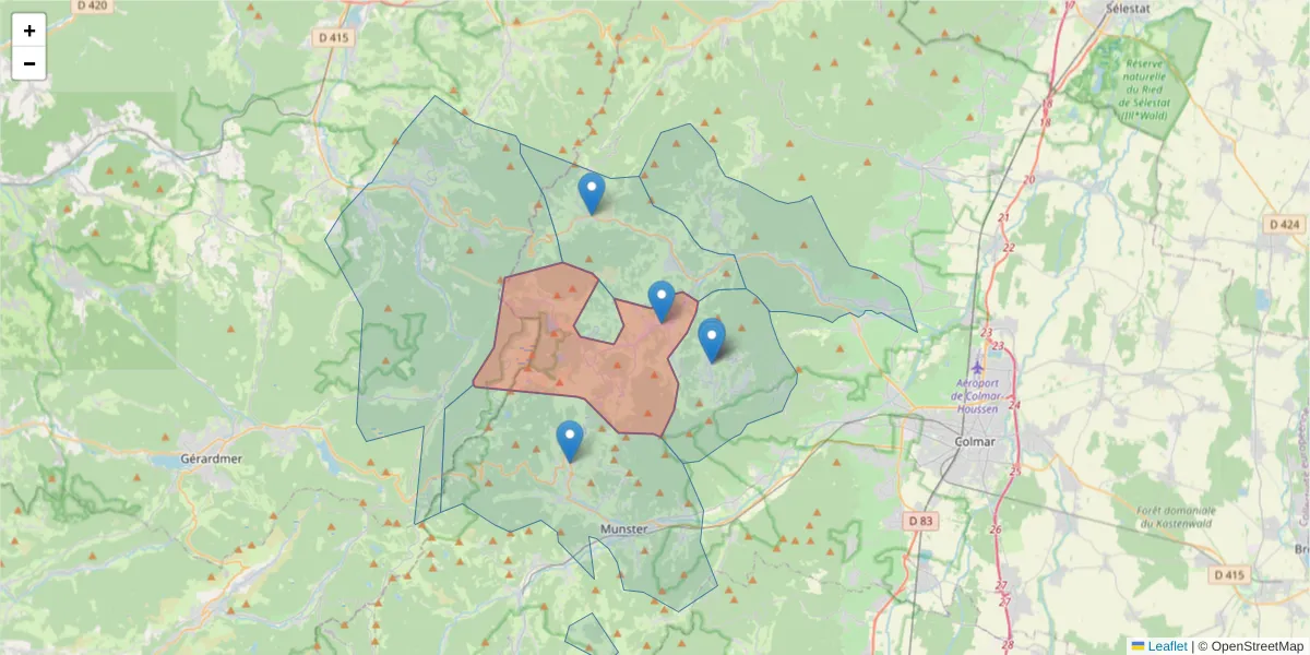 Carte de la zone du code postal  et des codes postaux voisins en France