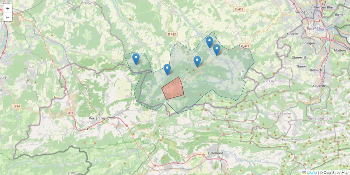 Carte de la zone du code postal  et des codes postaux voisins en France