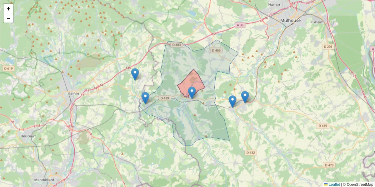 Carte de la zone du code postal  et des codes postaux voisins en France
