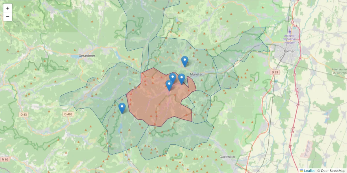 Carte de la zone du code postal  et des codes postaux voisins en France