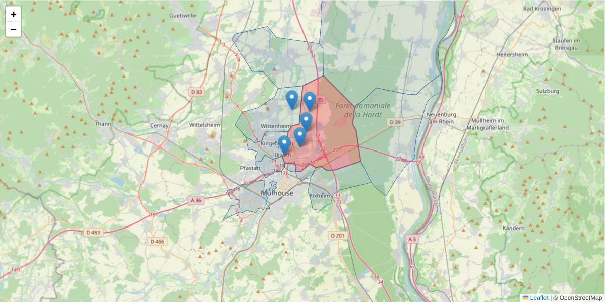 Carte de la zone du code postal  et des codes postaux voisins en France