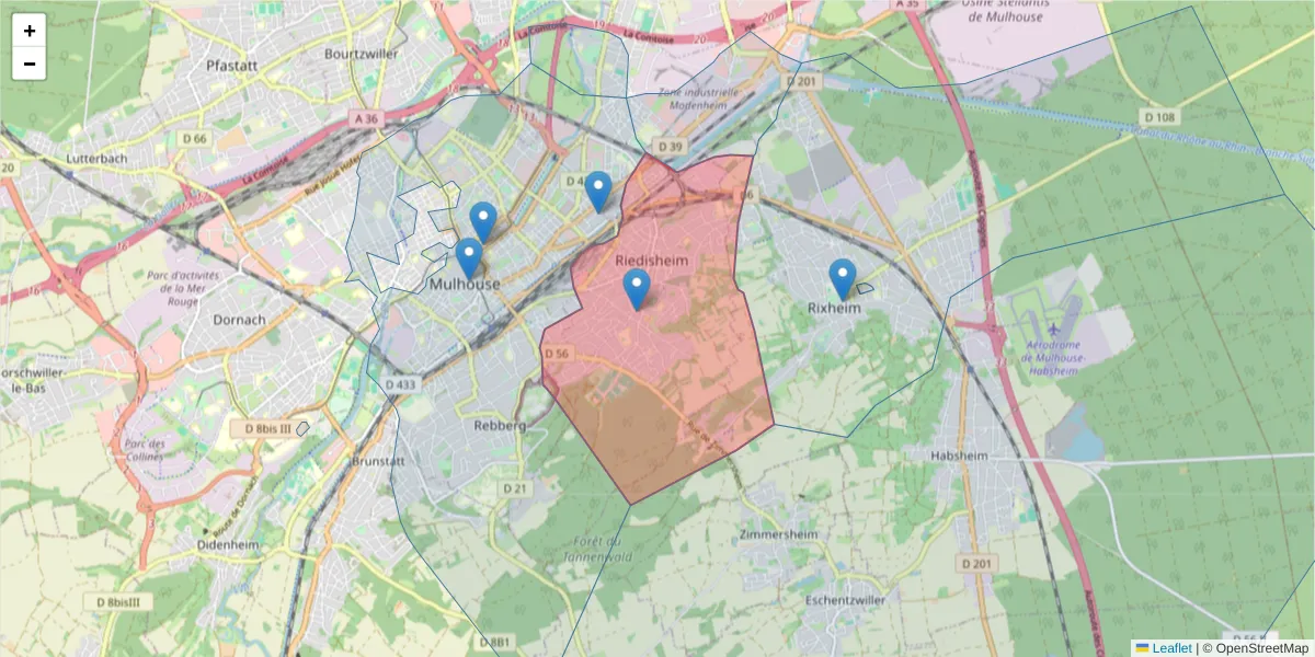 Carte de la zone du code postal  et des codes postaux voisins en France