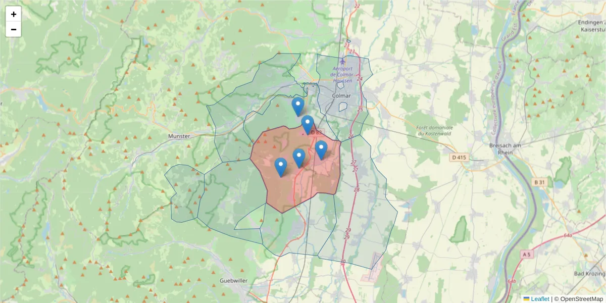 Carte de la zone du code postal  et des codes postaux voisins en France