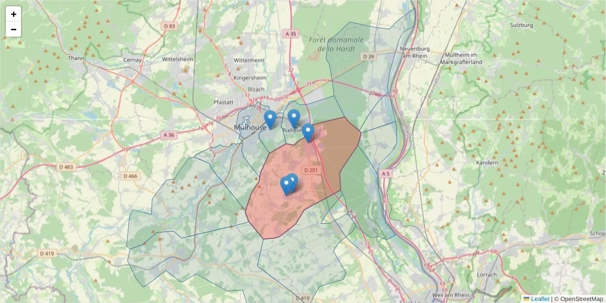 Carte de la zone du code postal  et des codes postaux voisins en France