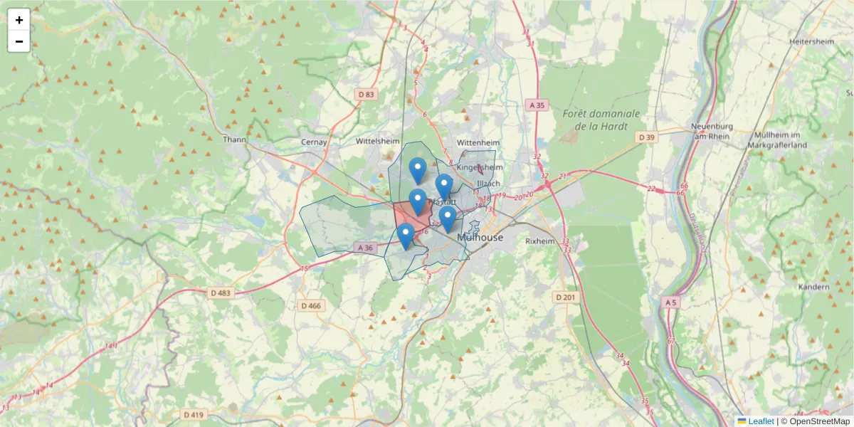 Carte de la zone du code postal  et des codes postaux voisins en France