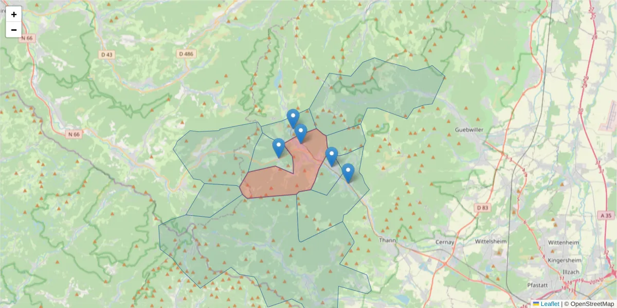 Carte de la zone du code postal  et des codes postaux voisins en France