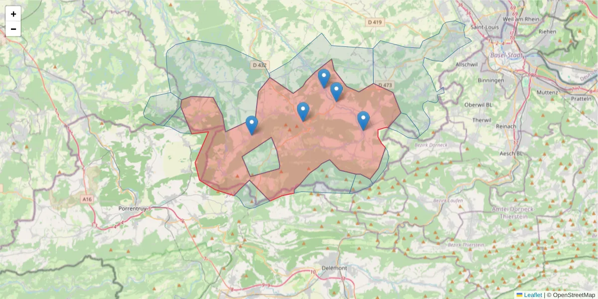 Carte de la zone du code postal  et des codes postaux voisins en France