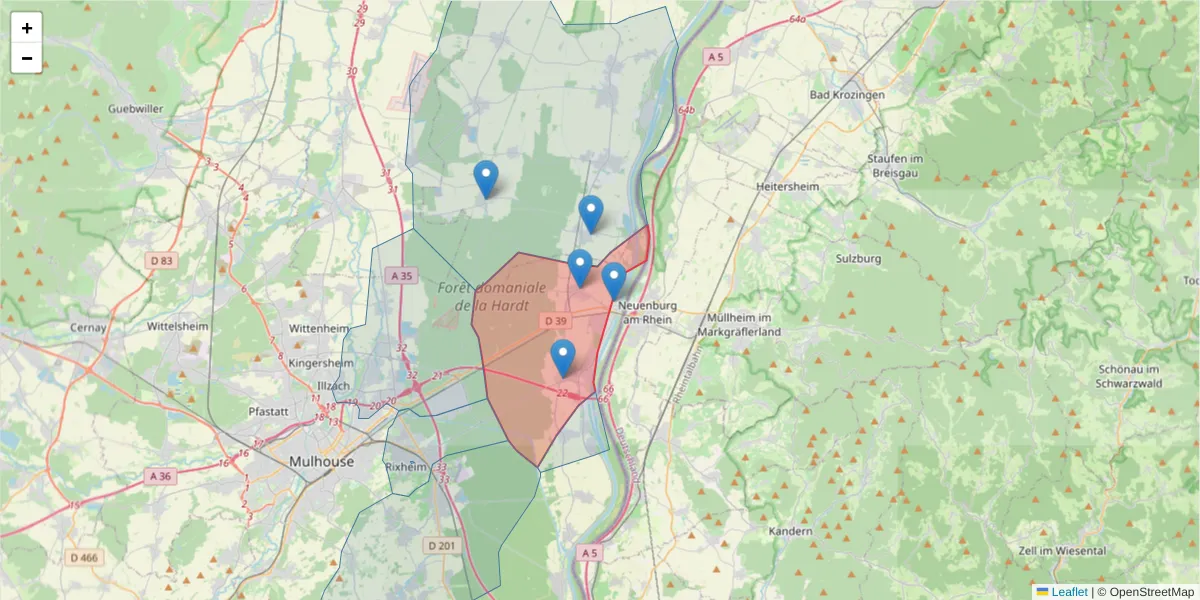 Carte de la zone du code postal  et des codes postaux voisins en France