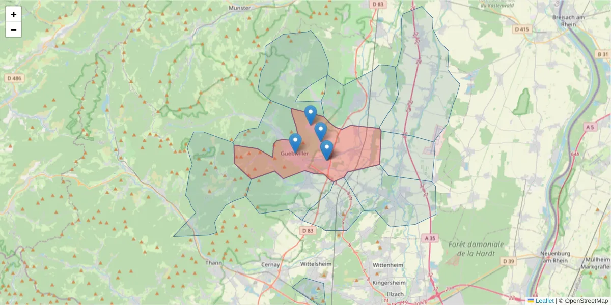 Carte de la zone du code postal  et des codes postaux voisins en France