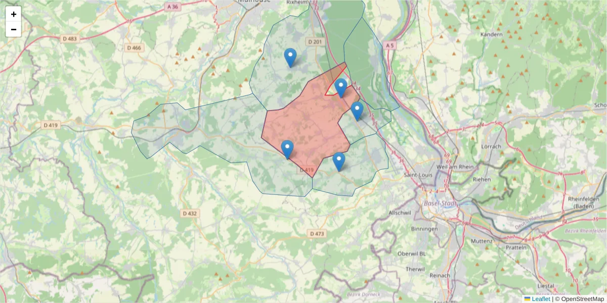 Carte de la zone du code postal  et des codes postaux voisins en France