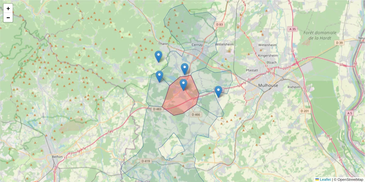 Carte de la zone du code postal  et des codes postaux voisins en France