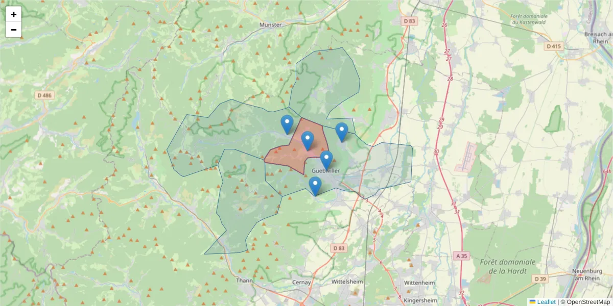 Carte de la zone du code postal  et des codes postaux voisins en France