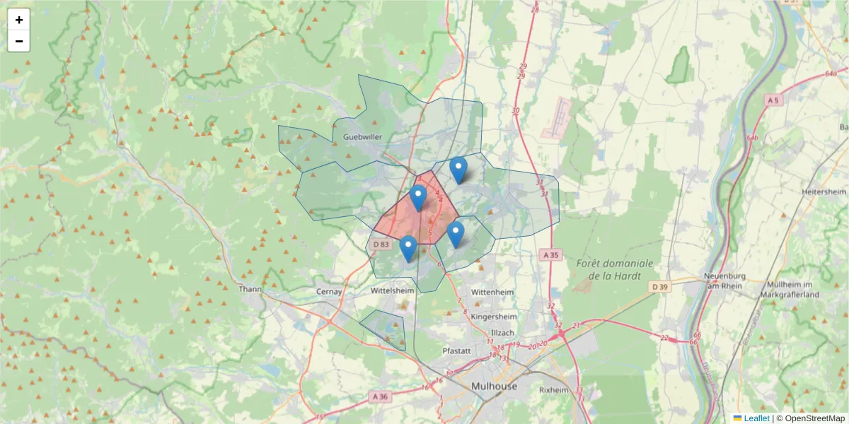 Carte de la zone du code postal  et des codes postaux voisins en France