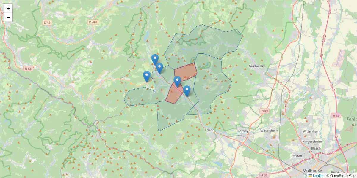 Carte de la zone du code postal  et des codes postaux voisins en France