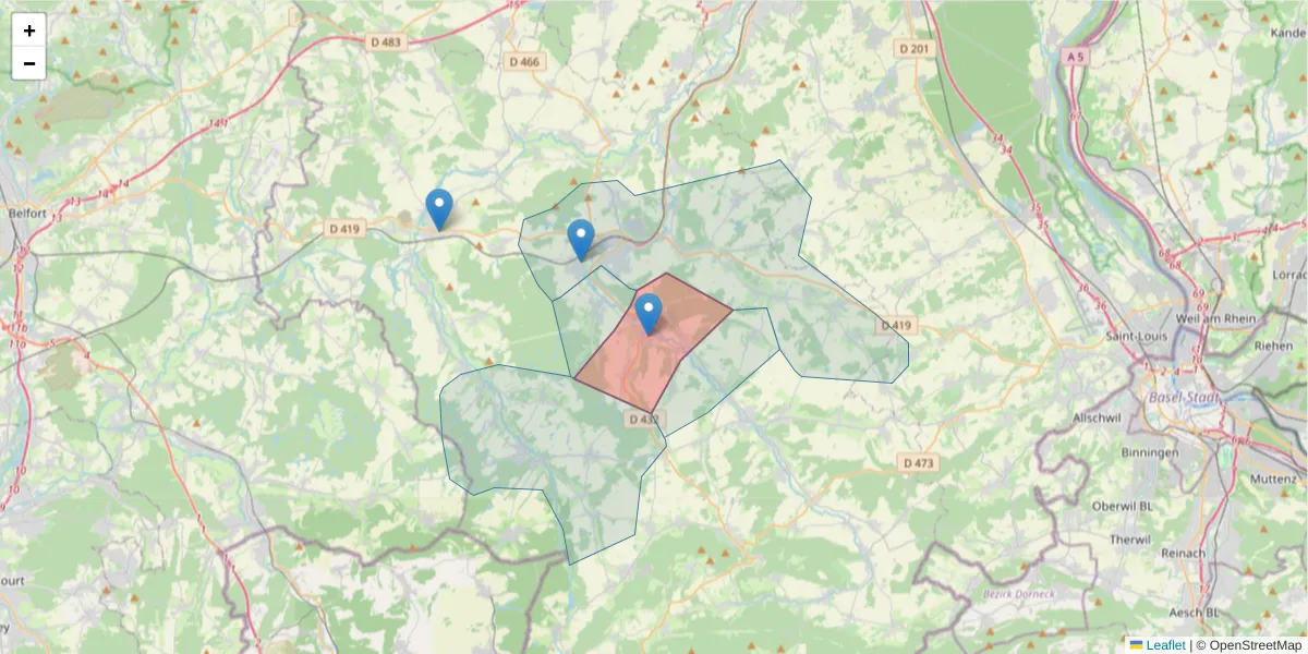 Carte de la zone du code postal  et des codes postaux voisins en France