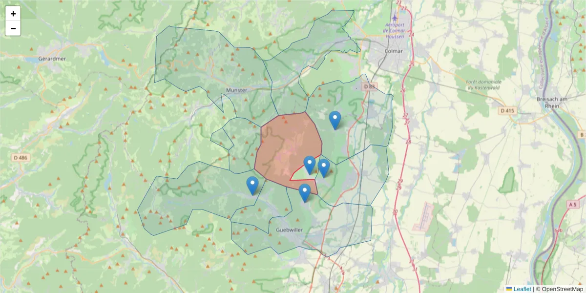 Carte de la zone du code postal  et des codes postaux voisins en France