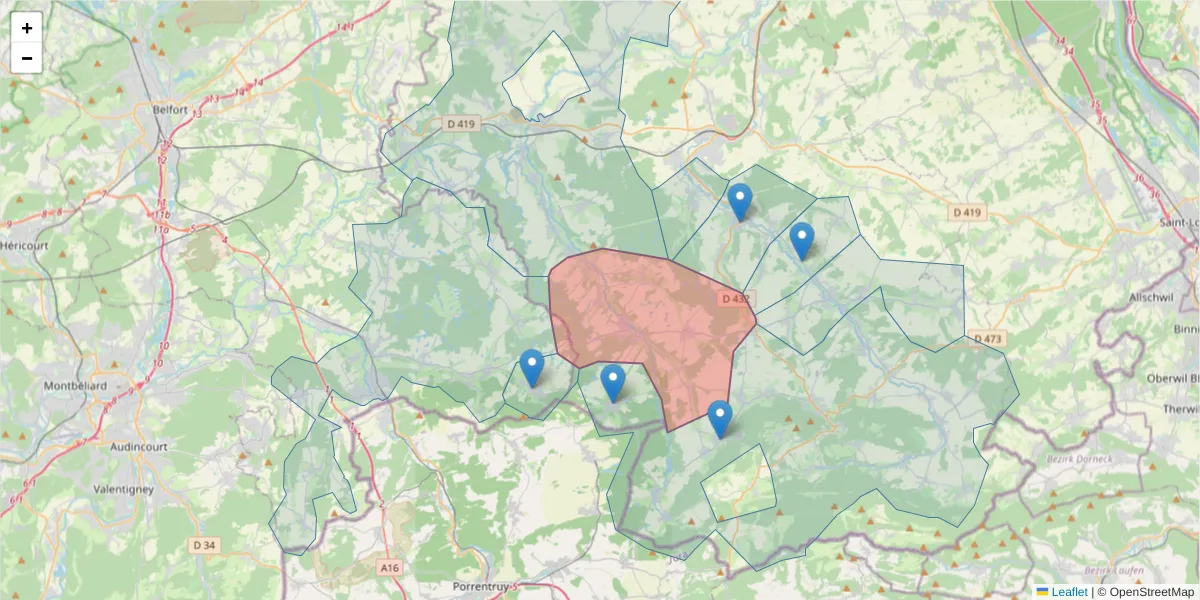 Carte de la zone du code postal  et des codes postaux voisins en France