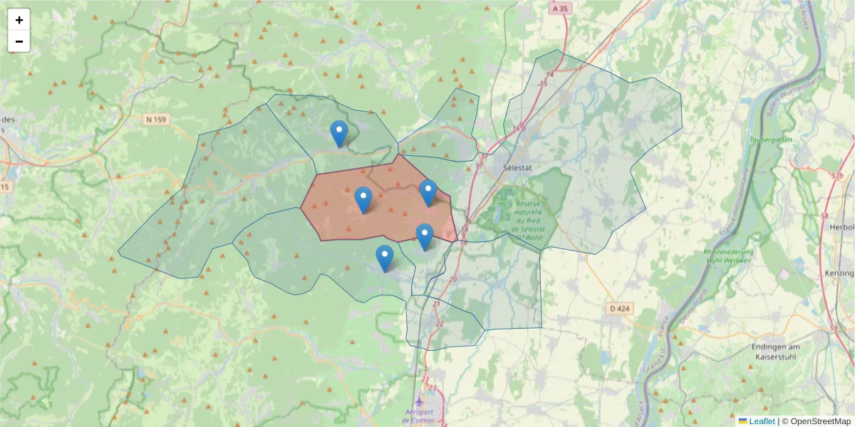 Carte de la zone du code postal  et des codes postaux voisins en France