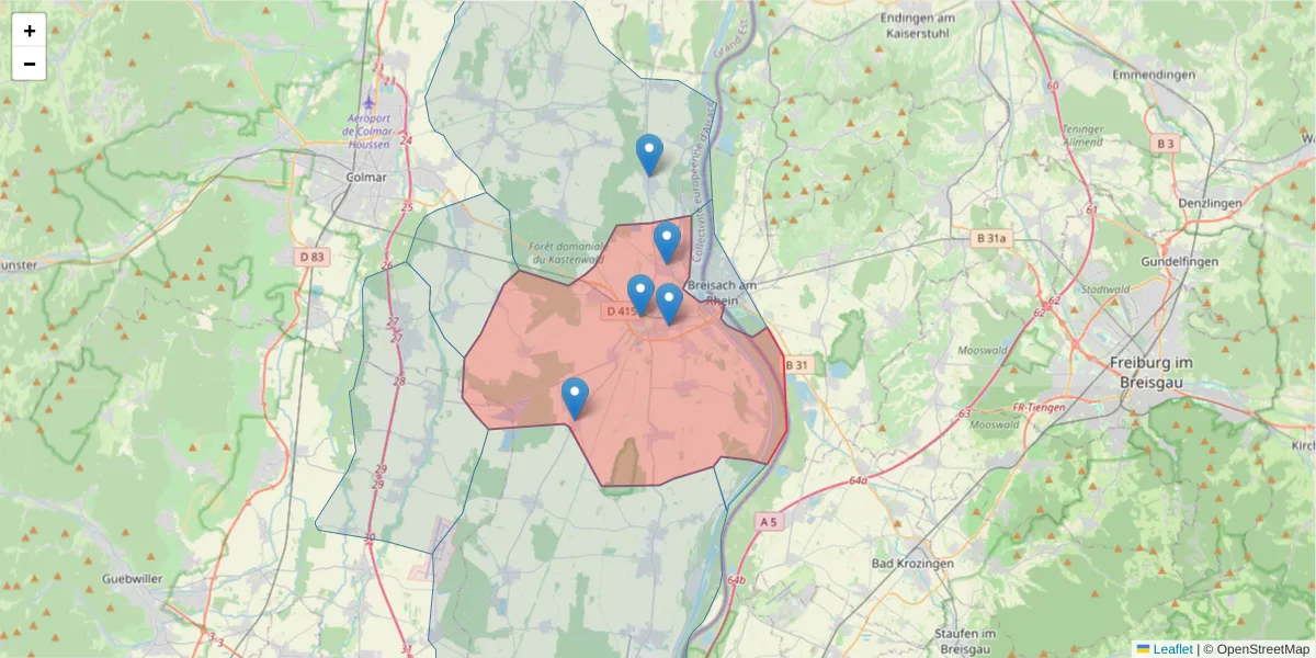 Carte de la zone du code postal  et des codes postaux voisins en France