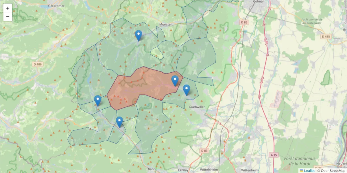 Carte de la zone du code postal  et des codes postaux voisins en France