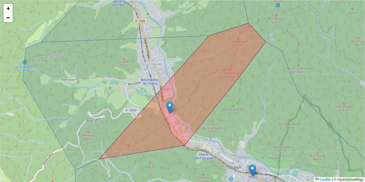Carte de la zone du code postal  et des codes postaux voisins en France